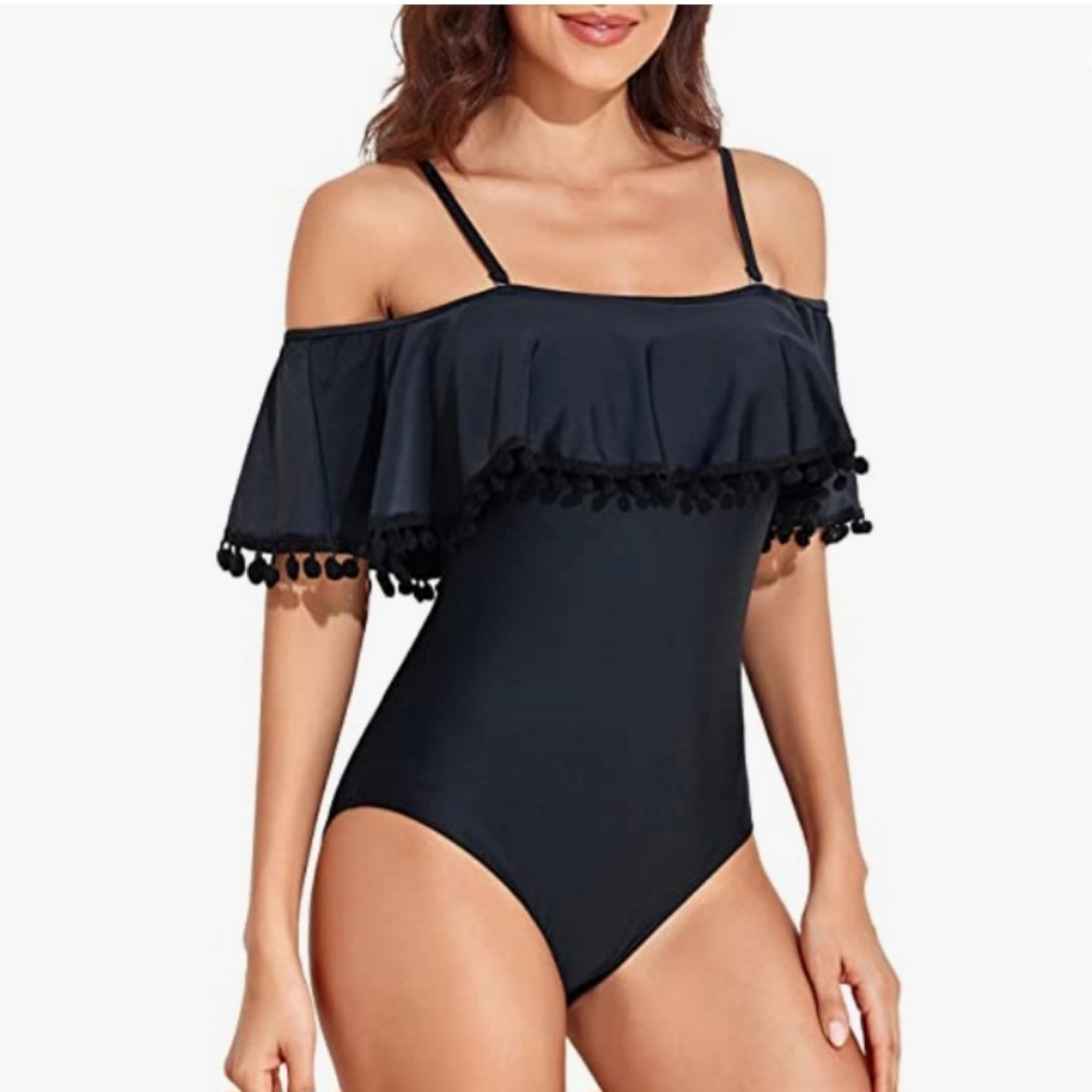 Tempt Me Black One Piece Pom Pom Ruffle Swimsuit Off Shoulder Swimwear Size M